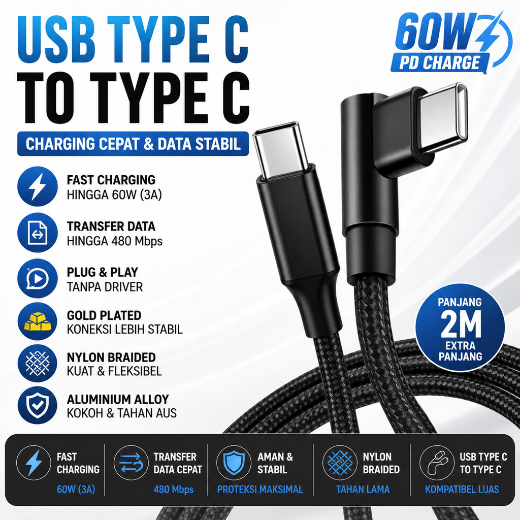 Kabel Data USB Type C to Type C 60W Fast Charging PD Kabel Charger Macbbook Laptop Tablet HP Android