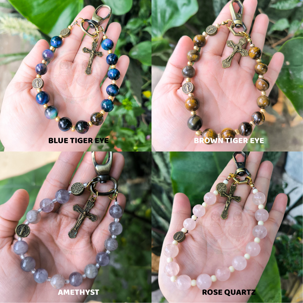 Mini Rosario bag charm St. Benedictus / Bunda Maria dengan Batu Alam gantungan tas Estetik
