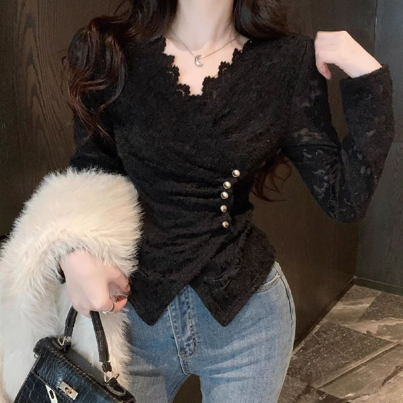 Mantel wanita, kemeja berbahan kain brushed, gaya Chanel, berlapis bulu, atasan renda berleher V.