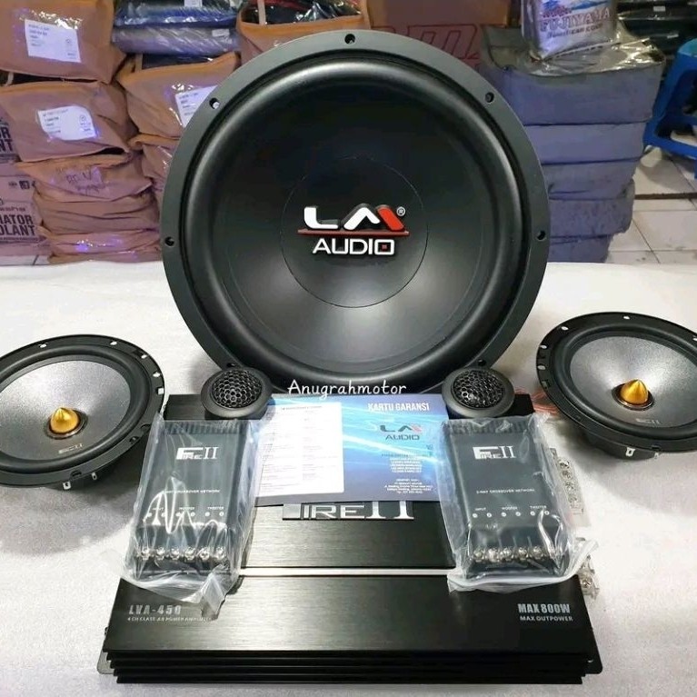 Paket audio mobil LM power 4 Chanel + subwoofer 12 inch + speaker 2 way
