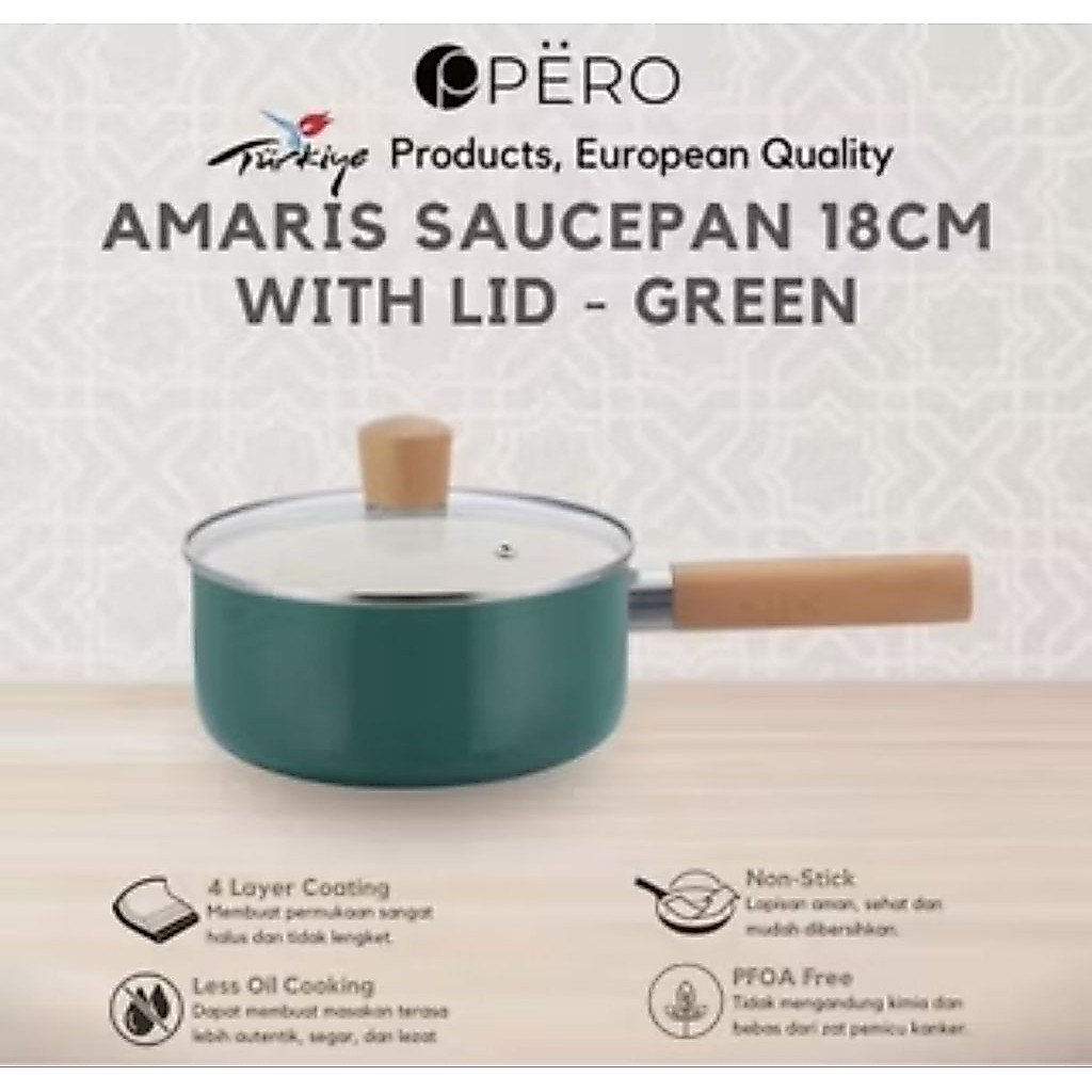 Pero Amaris Sauce Pan 18cm + Lid Wooden Handle warna hijau teal