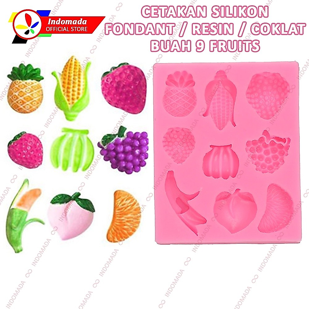 Indomada Cetakan Silikon Fondant 9 Buah Nanas Stroberi Pisang Persik Anggur Jeruk Jagung Cokelat Cok
