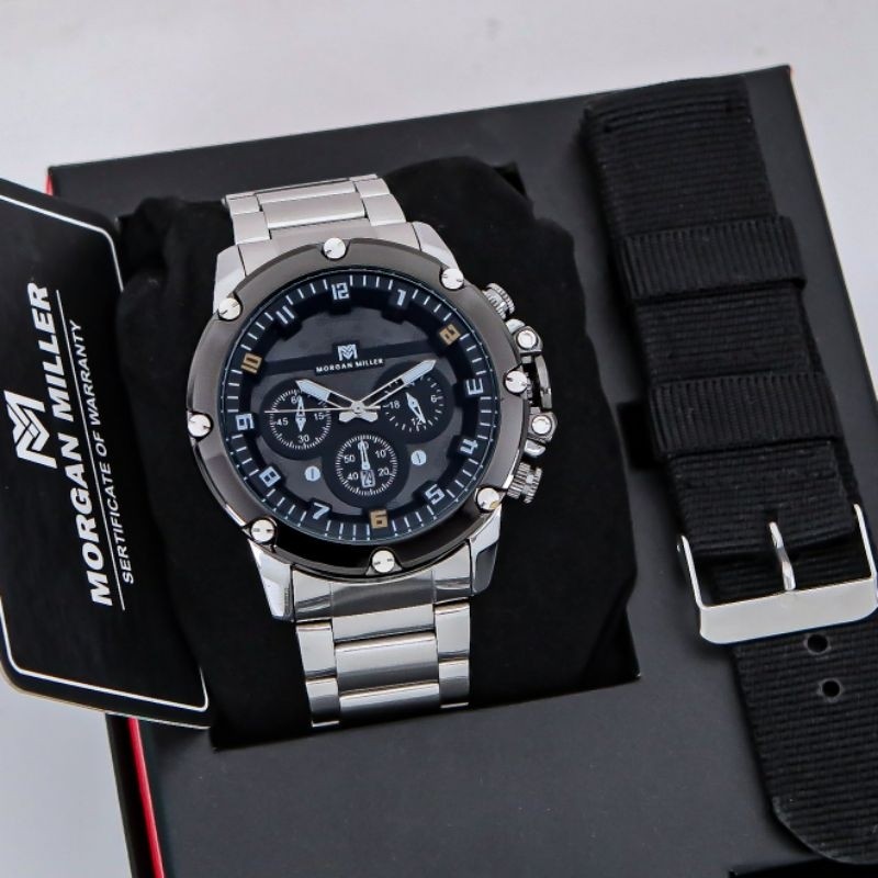 Jam Tangan Pria Morgan Miller Original Rantai Stanliess Bonus Tali Cadangan