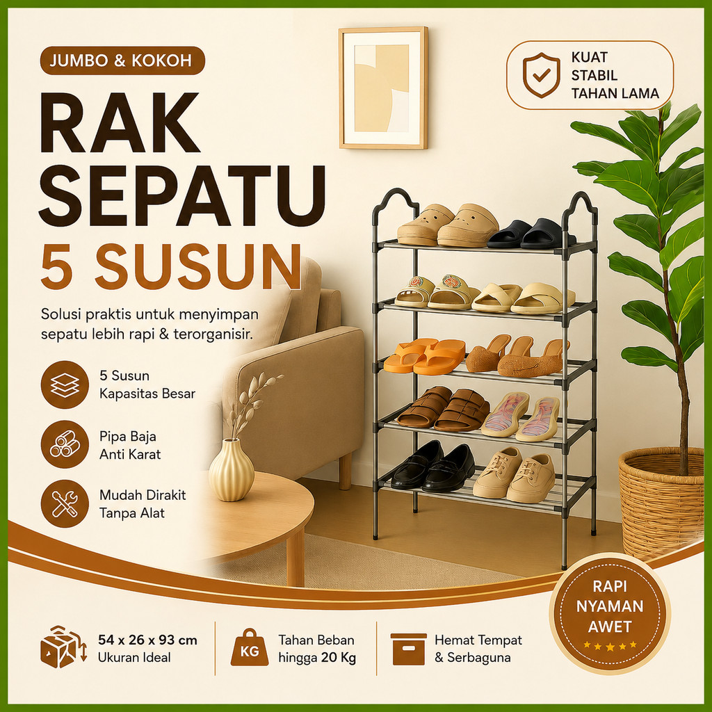 RAK SEPATU BESI 5 SUSUN Kokoh Multifungsi Tempat Sepatu Sandal Rangka Besi & Plastik Serbaguna Murah