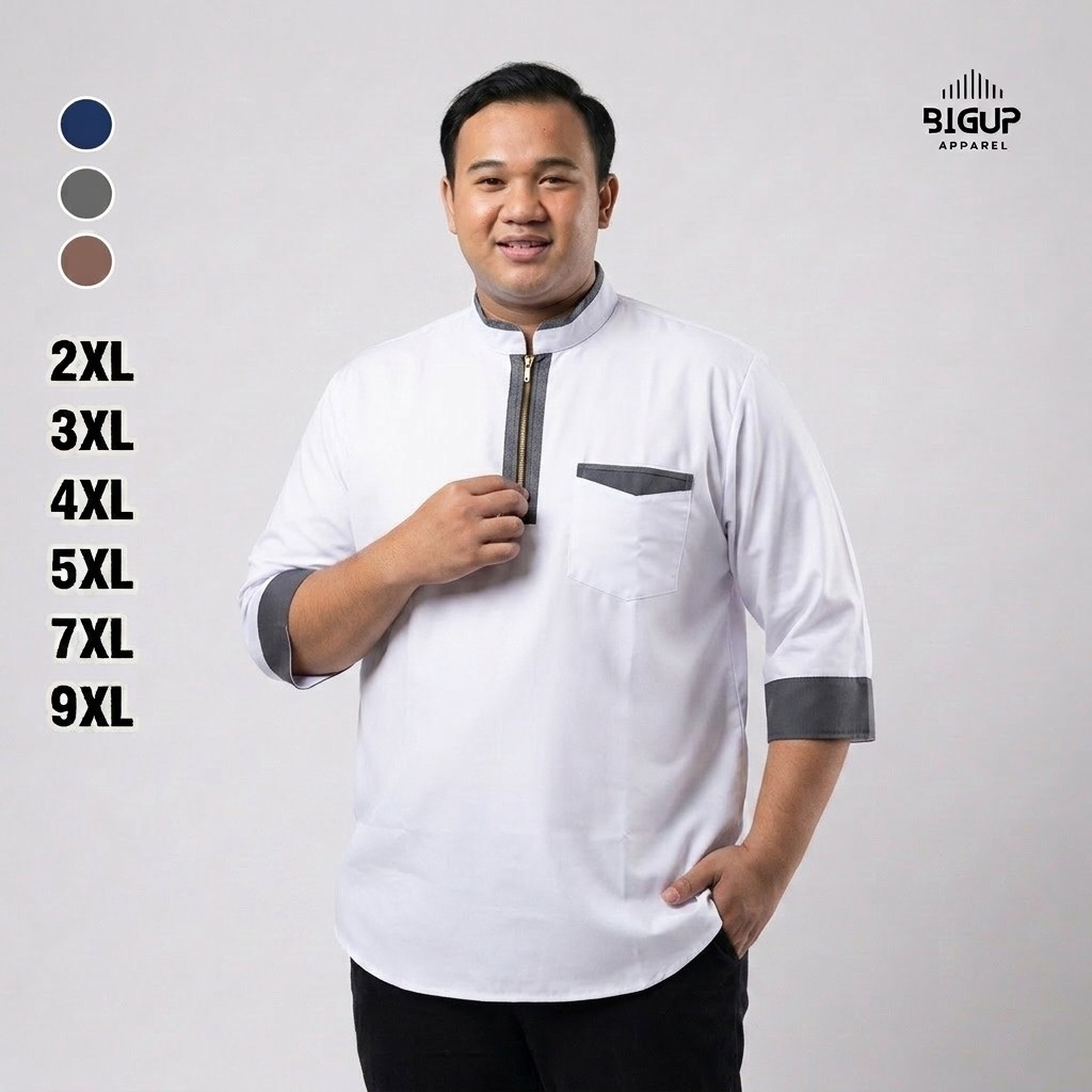 BigUp Baju Koko Kurta Zipper Pria Modern Kombinasi Abu Navy Lengan 3/4