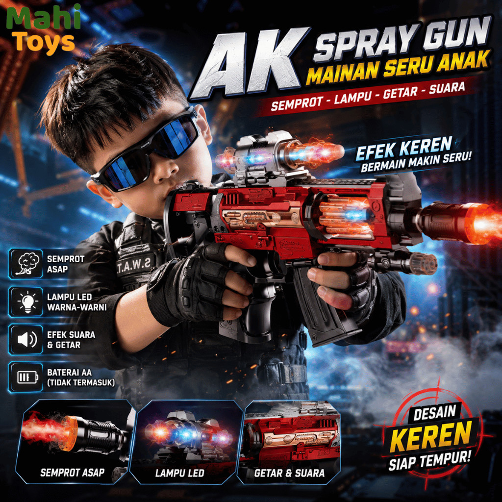 MahiToys - Mainan Anak Tembakan Suara Lampu, dan Asap Keren Spray Gun AK Rifle Mainan Anak