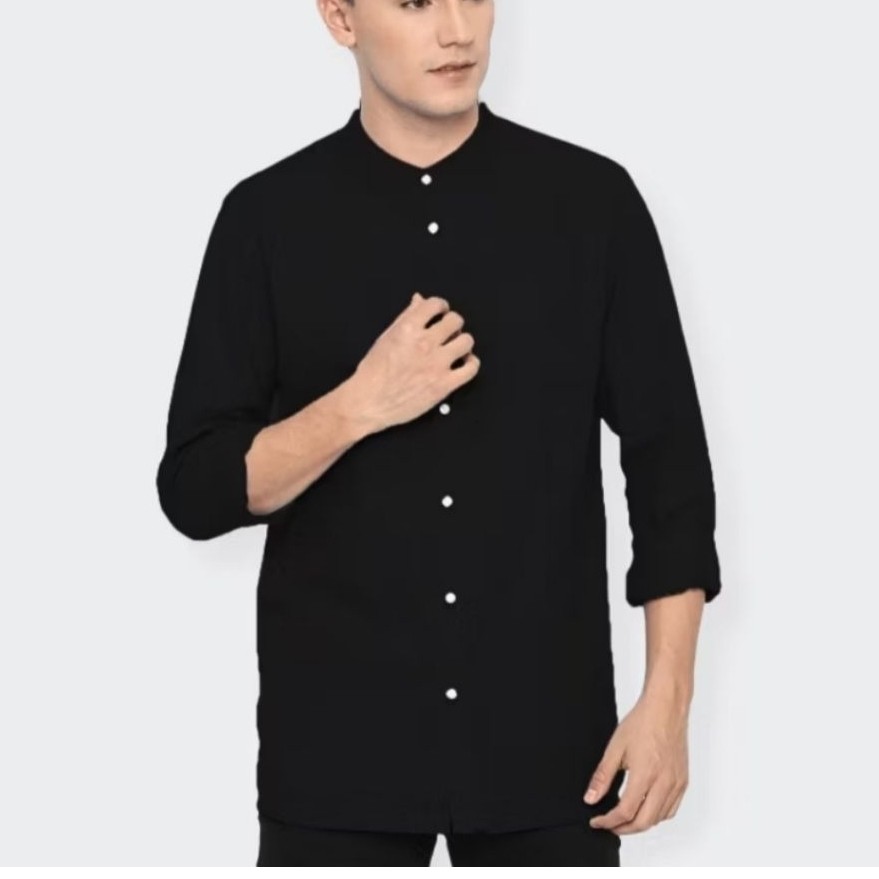 kemeja koko pria lengan panjang linen premium basic kerah shanghai collarless casual formal