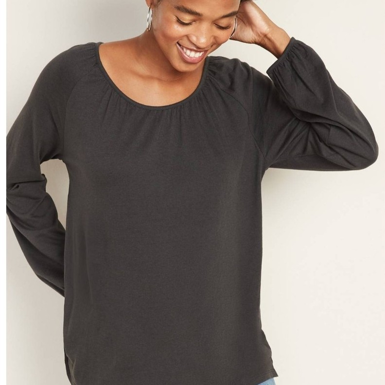 Pabrik branded CUCI GUDANG QldN@vy long sleeve blouse S M hitam katun O neck relaxed fit lengan panj
