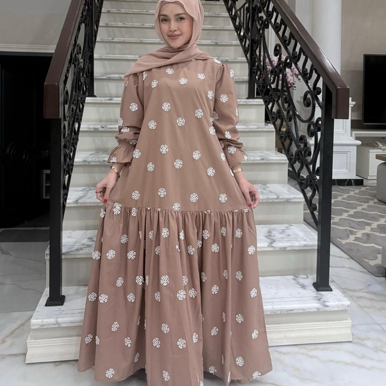 Gamis bahan katun Bordir replik timbul  Retliting belakang Model katun bordir rumple bawah   tangan 