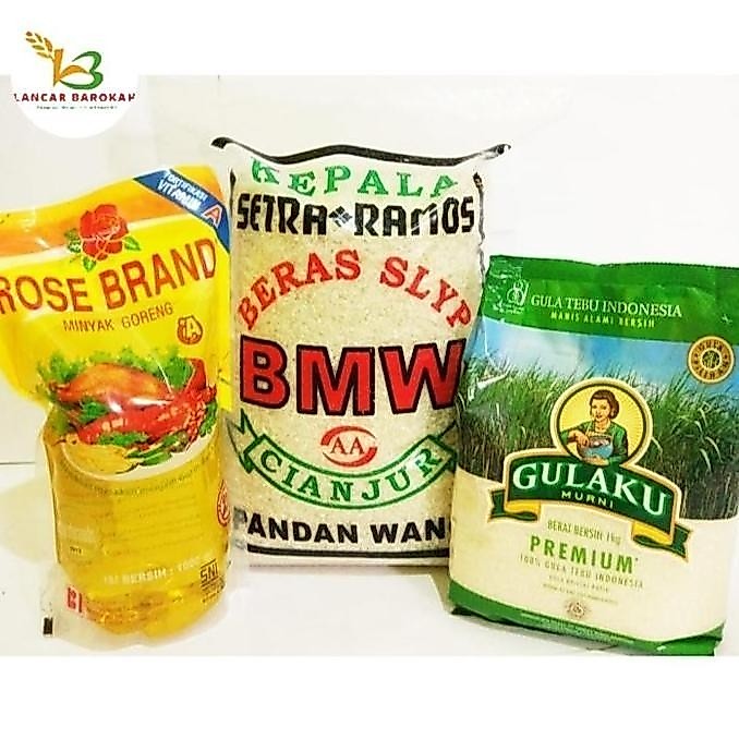 Lancar Barokah Paket Sembako Murah Beras Setra Ramos 3 Liter Minyak Goreng 1 Liter Gula Rosebrand Ma