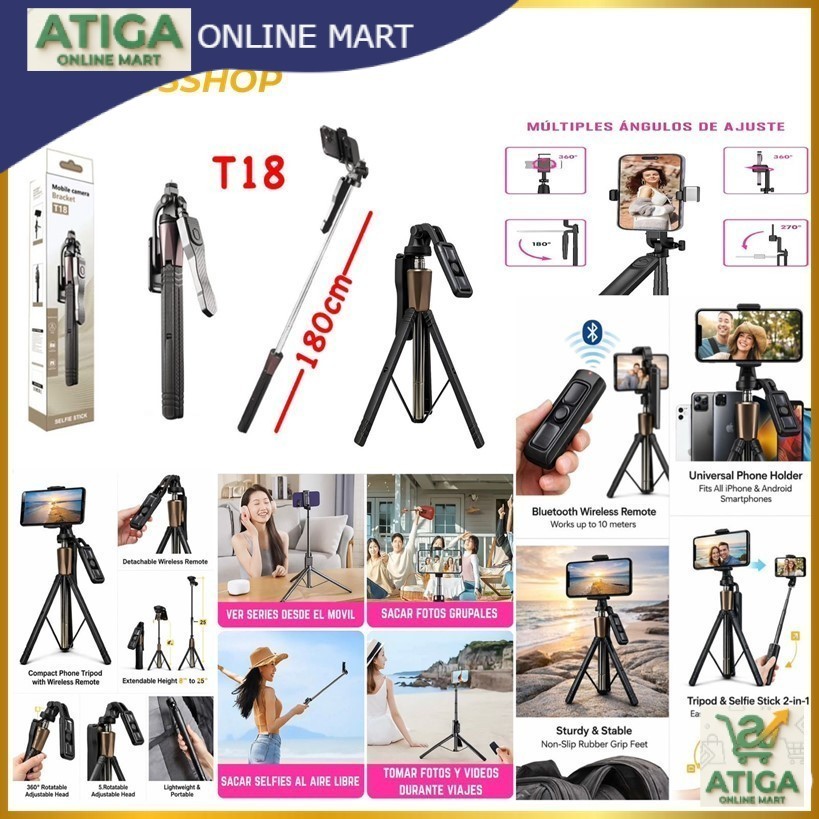 (ATG) Tripod Tongsis Bluetooth T18 Tripod Selfie Stick 180CM Remote Shutter Bluetooth 360 Derajat