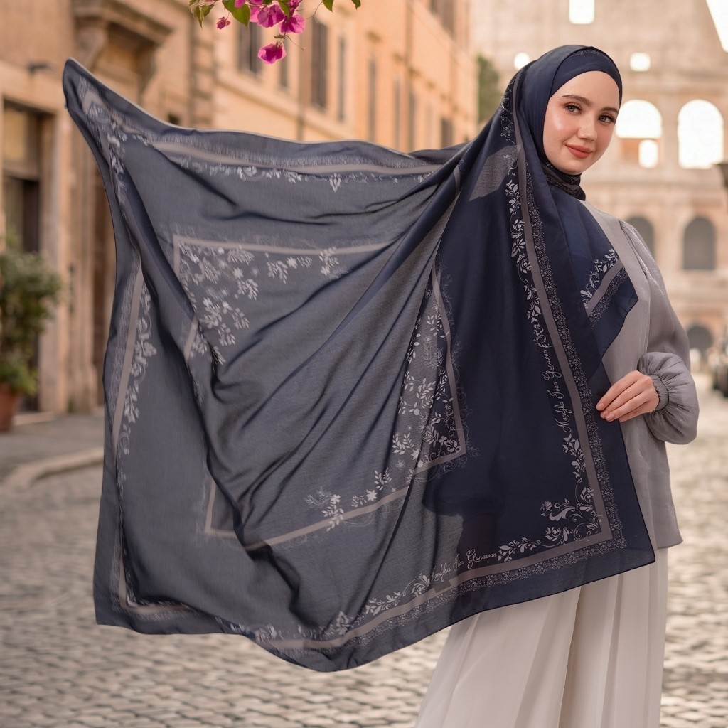 MANDJHA Hijab Voal Premium Lovisa Navy - Hijab Segi Empat Motif Bunga