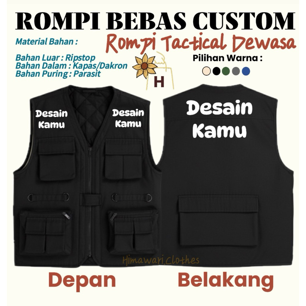 RIRUSHOP Rompi Bebas Custom Dewasa Tactical Dalaman Dakron/Vest Rompi Tactical Bebas Custom