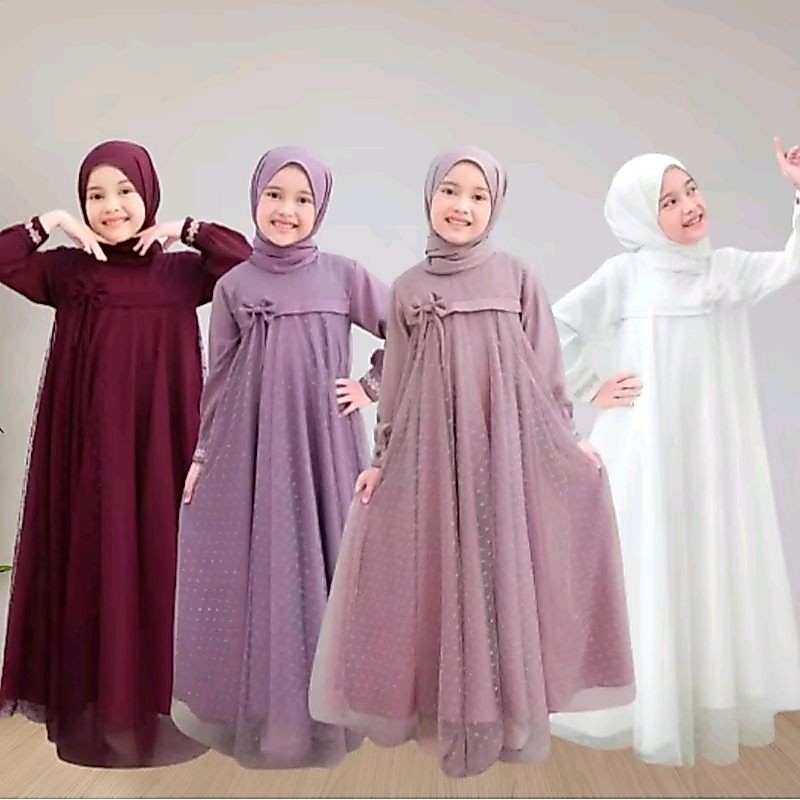 GAUN DRESS ANAK TERBARU - GAUN DRESS MISHA KIDS 3-13 TAHUN - CRYNCLE KOMBINASI BROOKAT TILE DOT