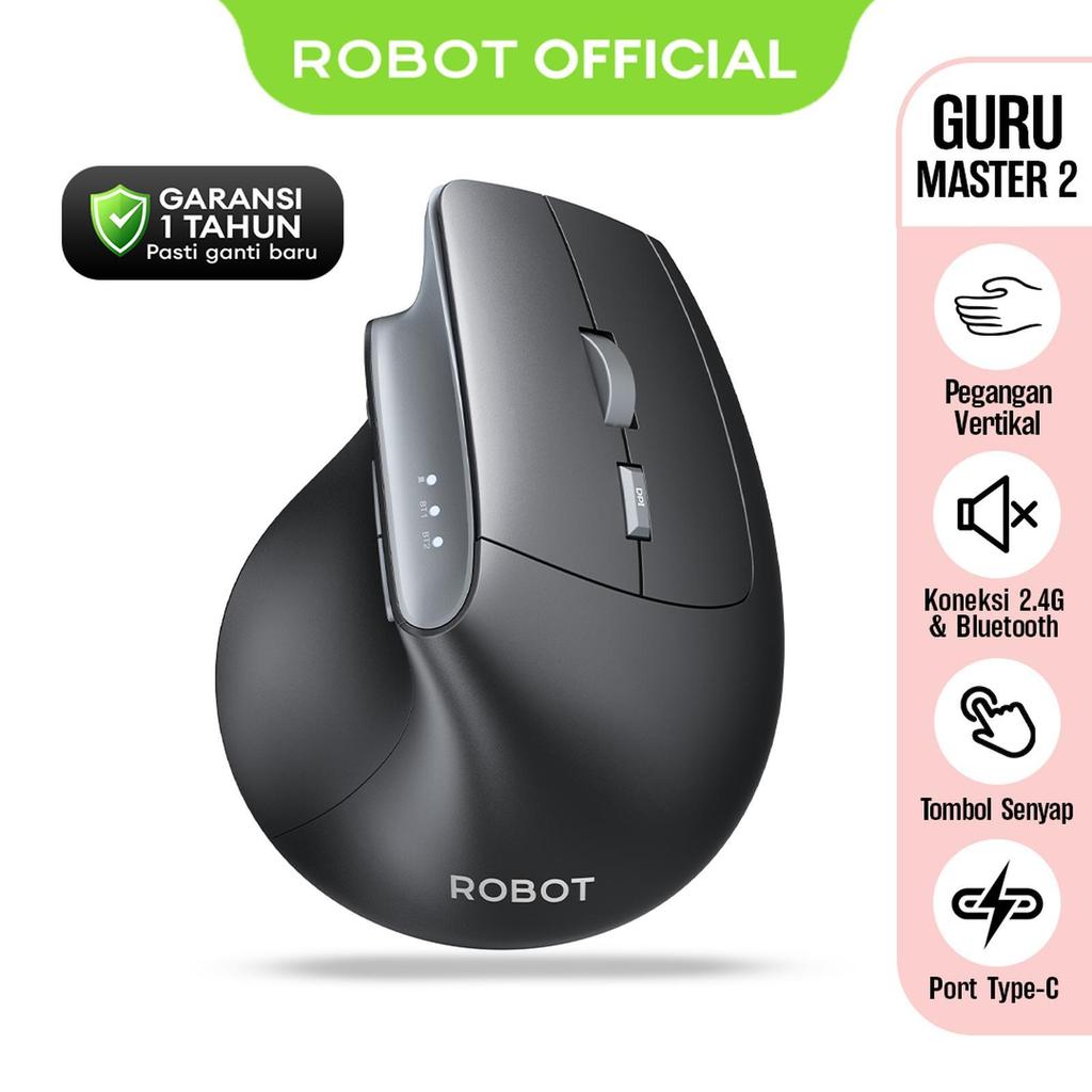 Robot Guru Master 2 Mouse Vertical Wireless + Bluetooth Dual Mode Rechargeable Battery Silent Mouse