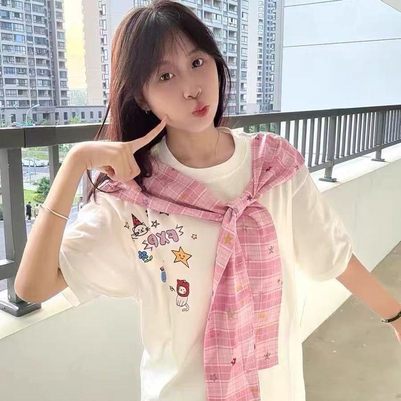 Retro plaid loose-fitting short-sleeve running t-shirt for women dopamine top