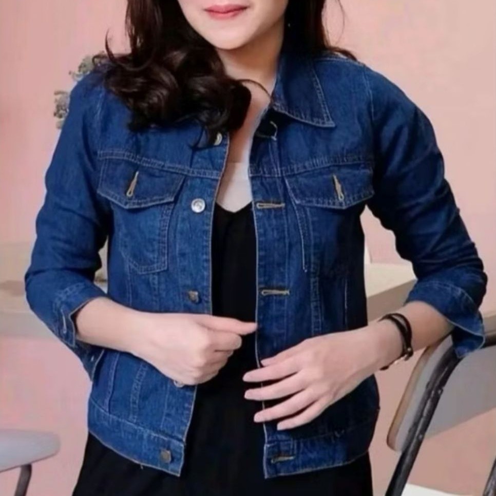 Jacket Jeans Wanita Denim Bahan Tebal Berkualitas Slim Fitting Polos Kancing Kulit Crop Hitam Jacket