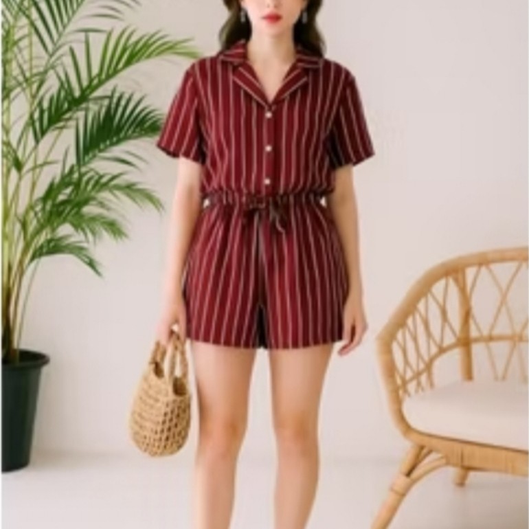 Jumpsuit Pendek Wanita Korea Salur terbaru