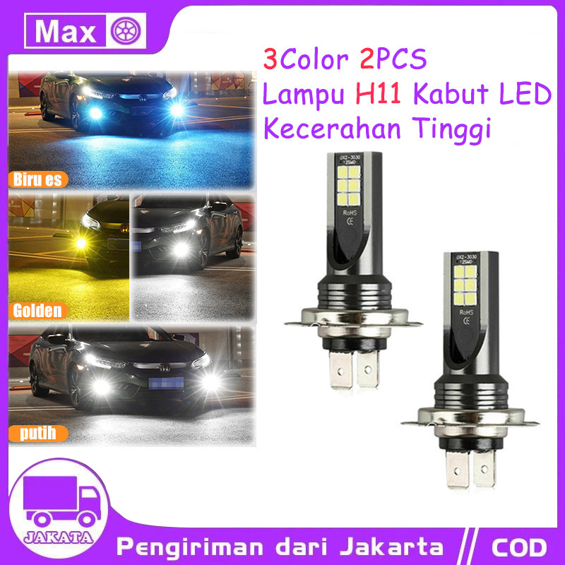 Foglamp Led Mobil 12-24V H11 Super Terang Foglamp Lampu LED 2Pcs 3 Color Putih/Kuning/Biru Foglamp M