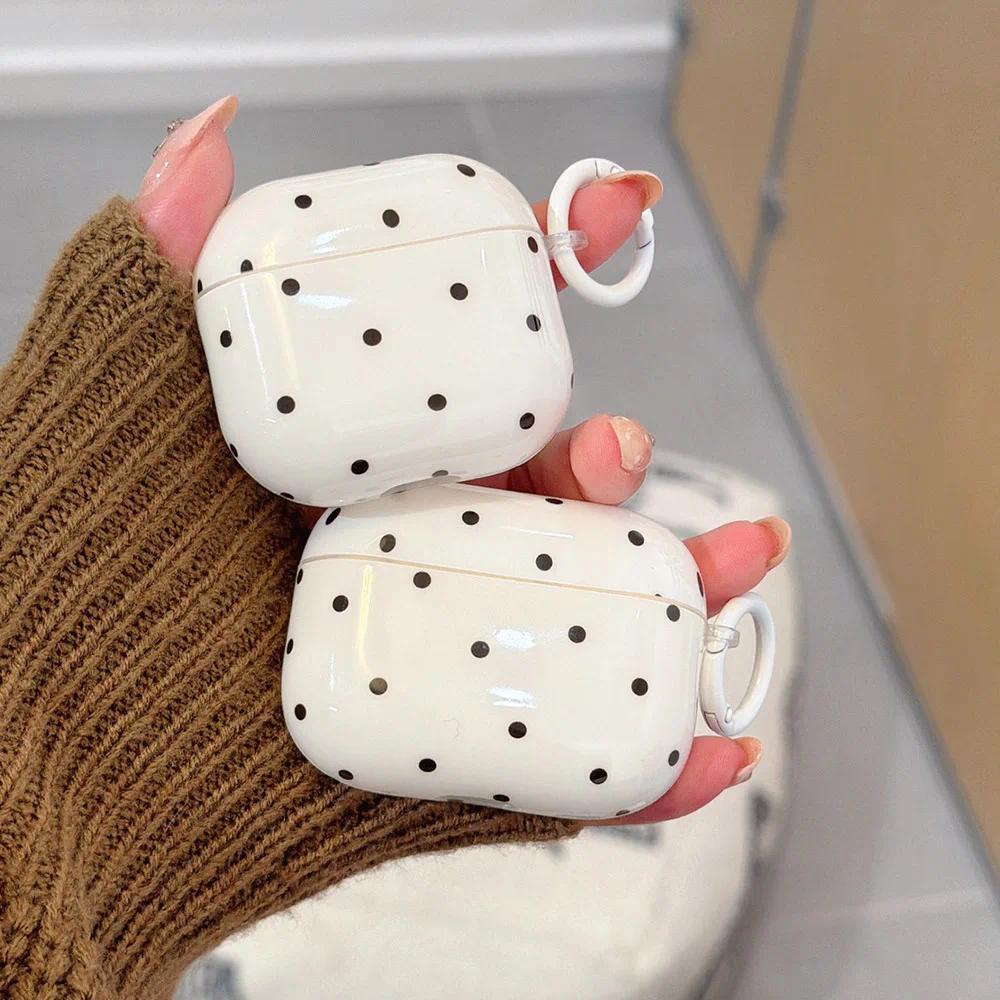 Cute Milky White Grey Wave Point Soft Headphone Cover With Keyain for AirPods 1 2 3 4 Pro 3 Pro2 Ear