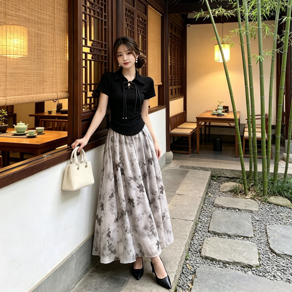 Dress Wanita Elegan Gaya Vintage  Atasan Hitam Rok Floral Panjang - dress korea dress vintage gaun l