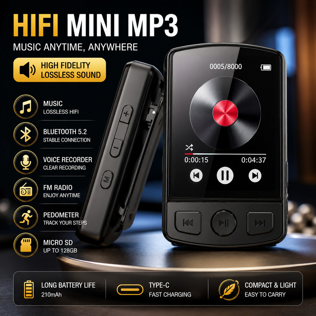 MP3 Player HiFi Bluetooth 5.2 Portable 1.8 Inch Layar Warna MP4 Audio Lossless Pedometer FM Radio Re