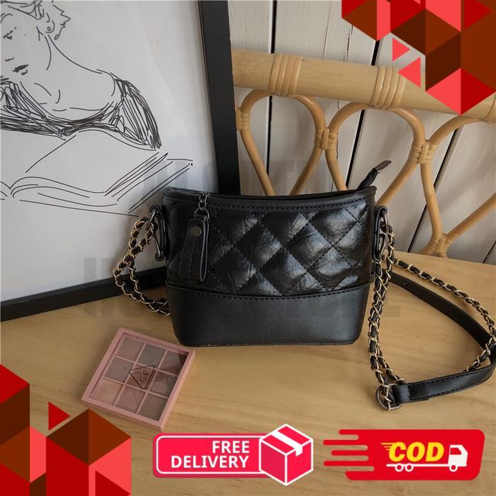 Tas Selempang Mini Wanita Gabrielle Slingbag Black Import Shoulderbag Hitam Putih Tali Rantai Mewah 