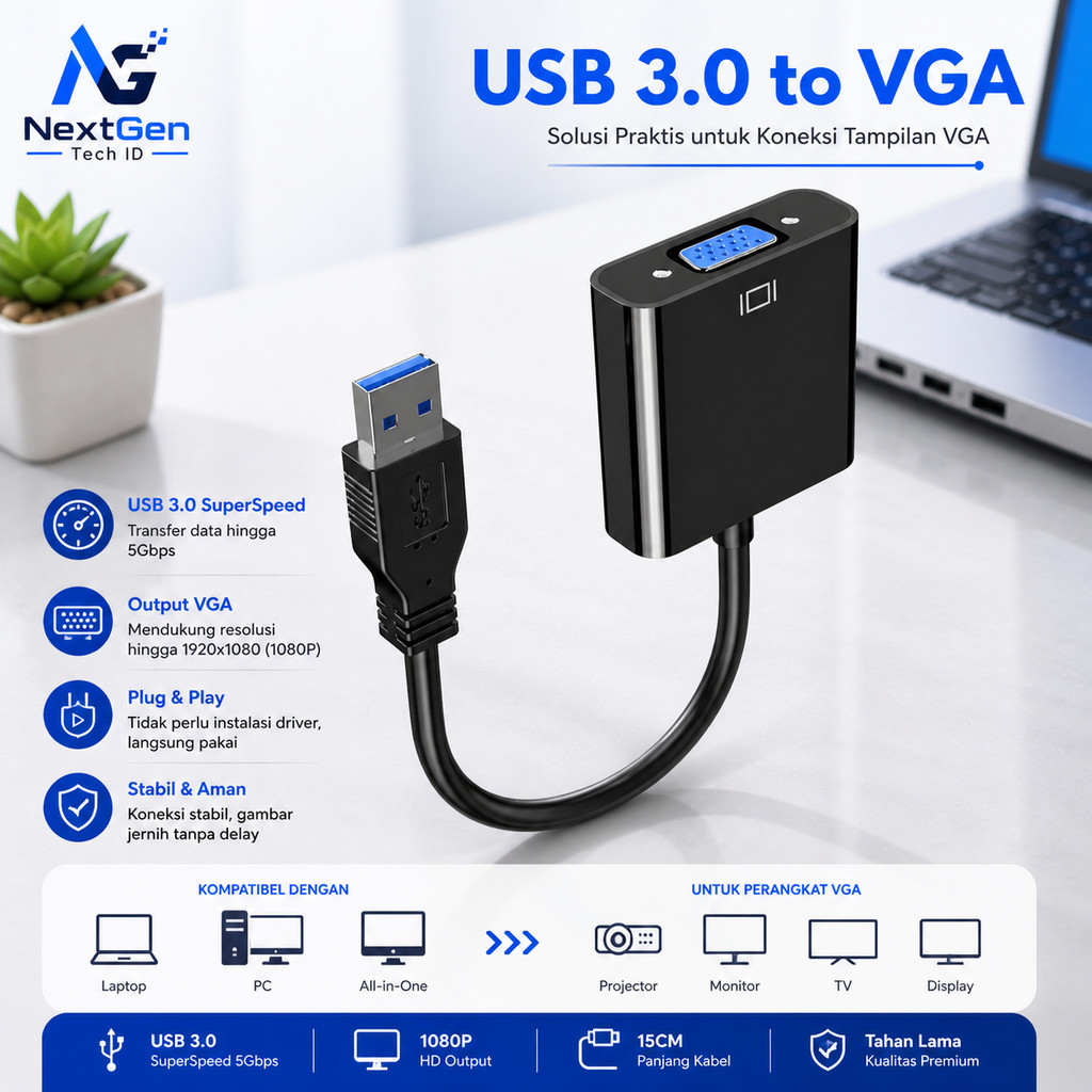 USB 3.0 to VGA Adapter Converter USB ke VGA untuk Laptop PC ke Monitor Proyektor Full HD