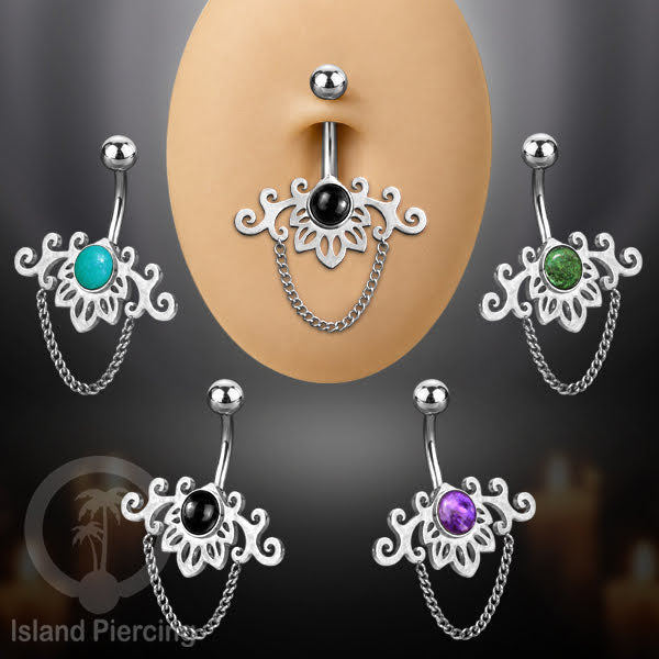 Anting Tindik Pusar/Navel Bar Stainless dengan rantai warna silver dengan variasi warna Resin