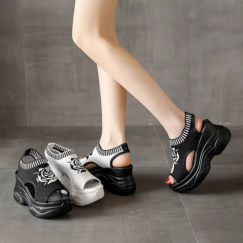 PRF Wedges sandals Rose Flower tINGGI 9Cm Sandal Wanita Casual Black White Fashion Korea WG8077