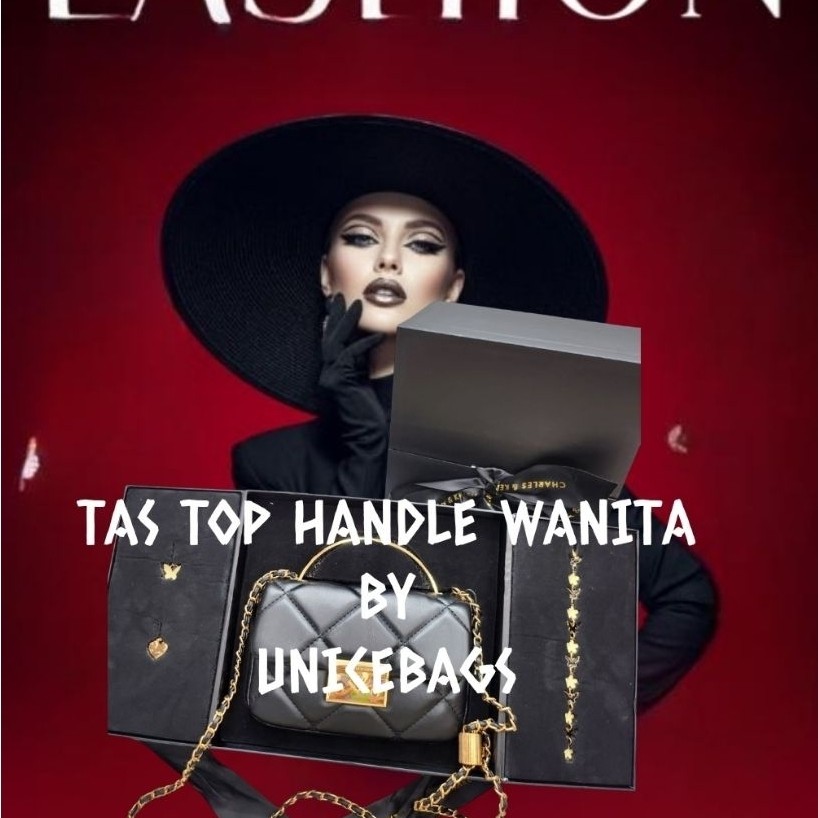 UNICEBAGS - New Tas Selempang Hitam Rantai Emas - Tas Top handle Wanita Paket Lengkap Hadiah Ulang T