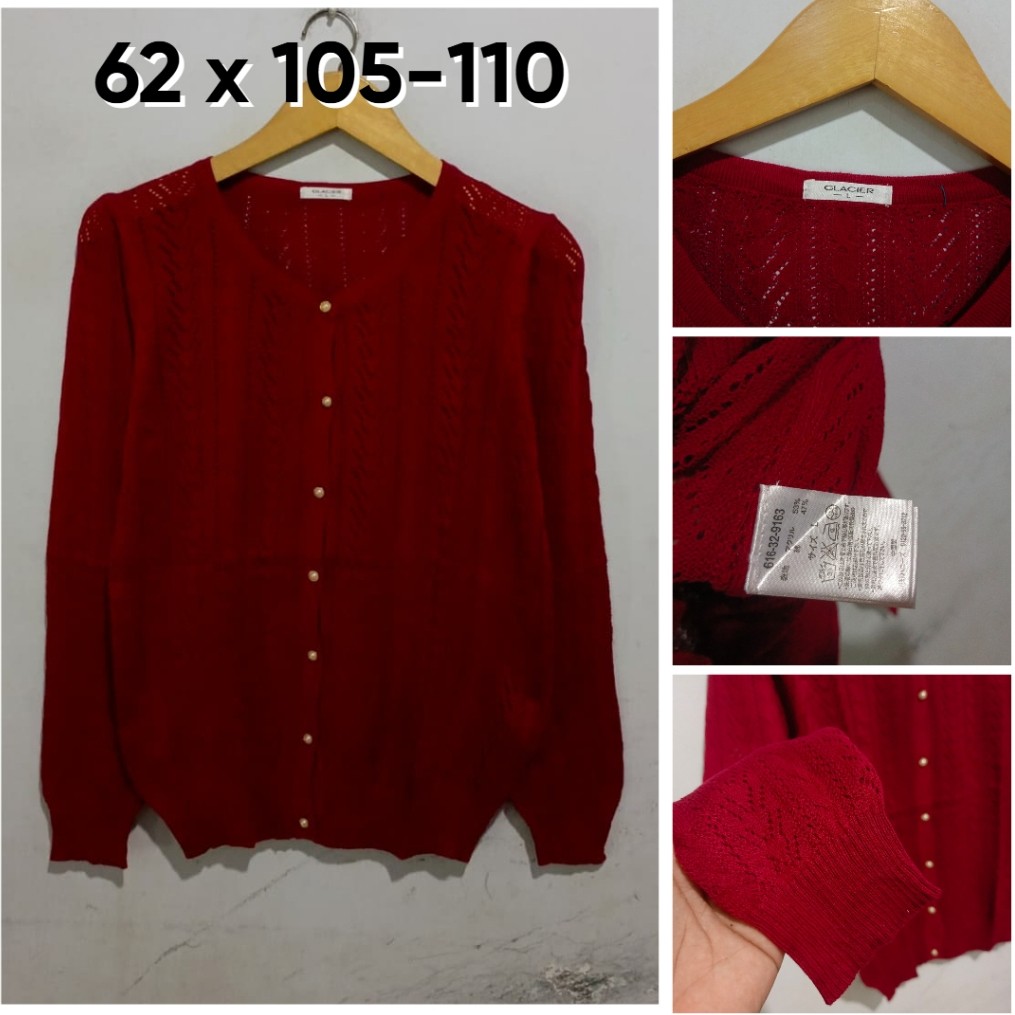 Cardigan Glacier Merah Model Jaring O Neck Size L Wanita Cardi Outer Knit E156