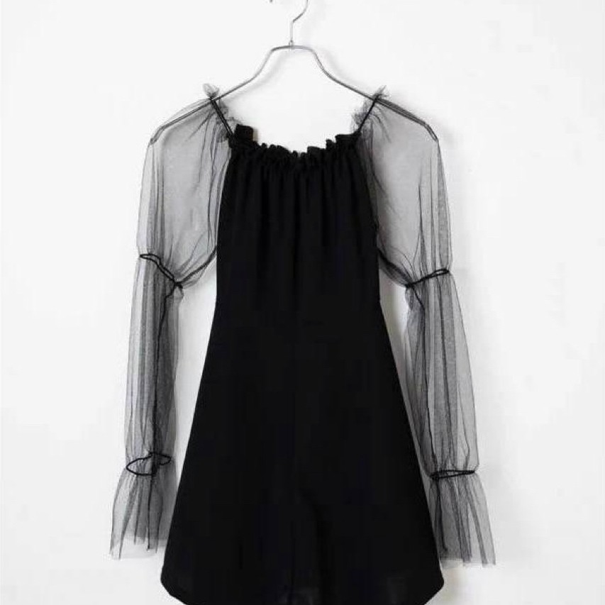 Summer mesh off-shoulder long sleeve black sexy mini dress elegant korean style