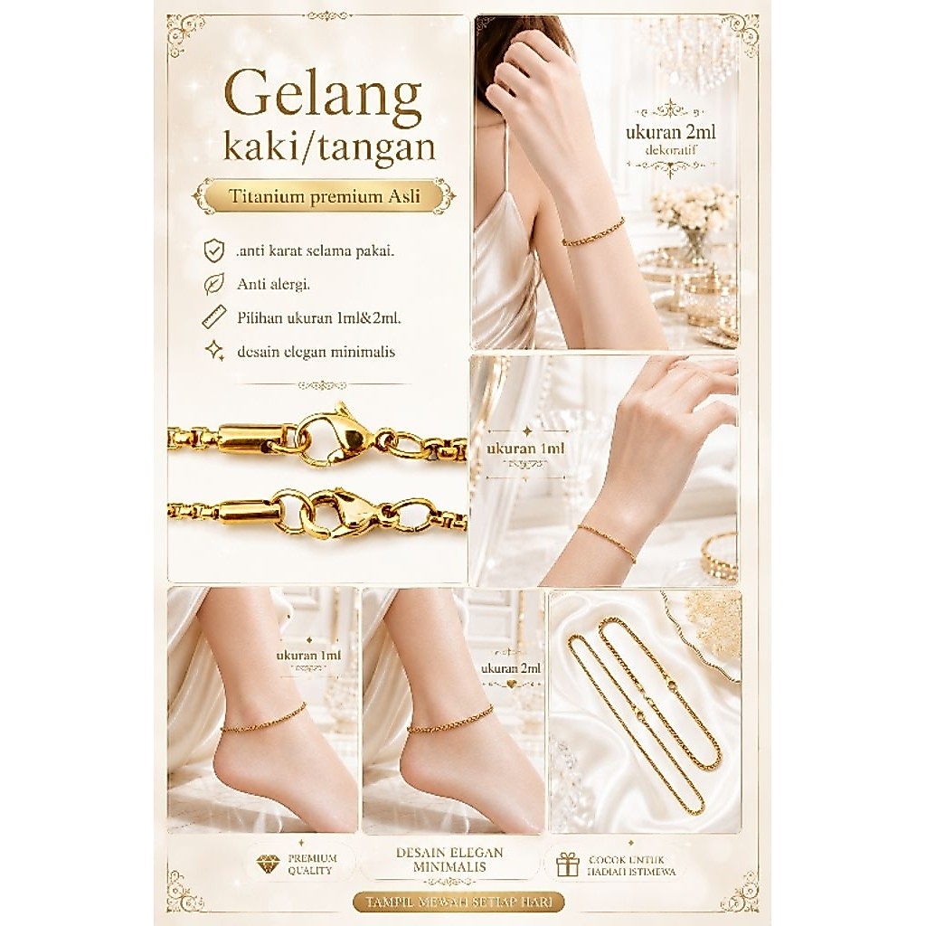 Gelang kaki/tangan wanita-pria Titanium premium Asli anti karat model Italy Santa Elegan