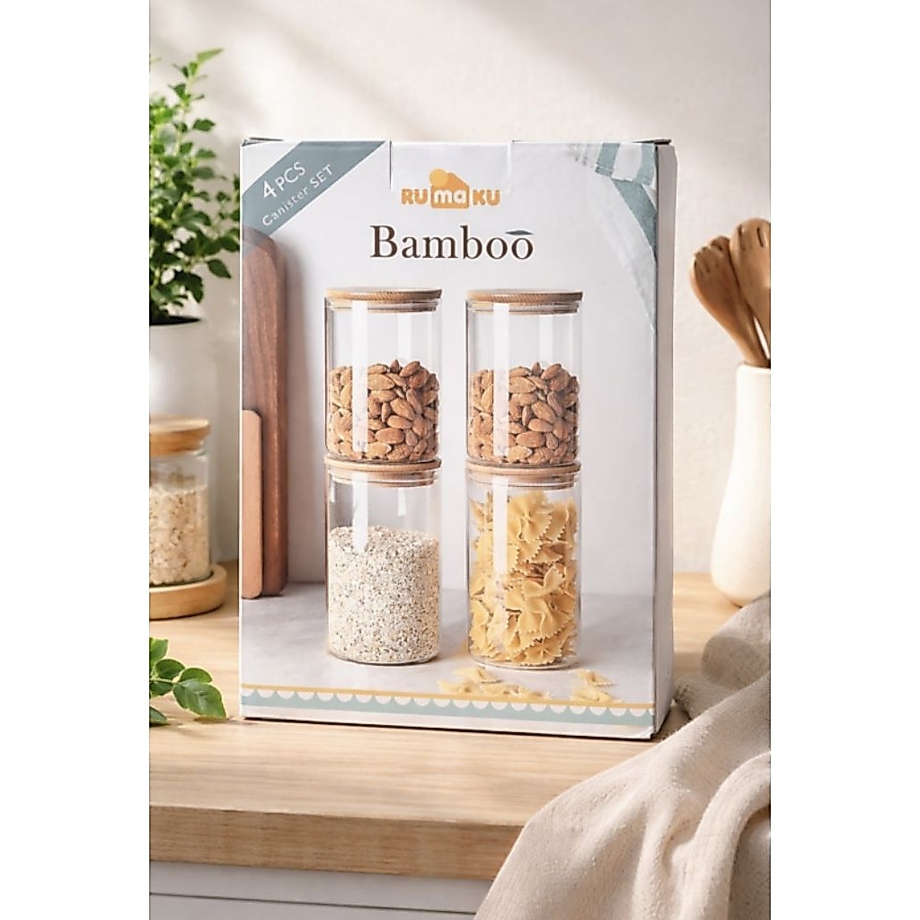 Set Toples Kaca 4pcs Tutup Kayu Bamboo – Wadah Makanan Estetik Dapur Minimalis
