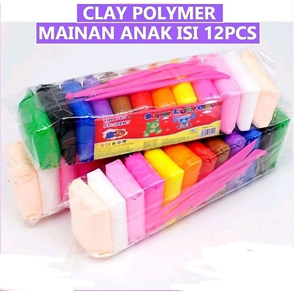 CLAY isi 12 warna clay untuk bermain di sekolah dan rumah bermain anak anak TK SD Paud playgroup nur