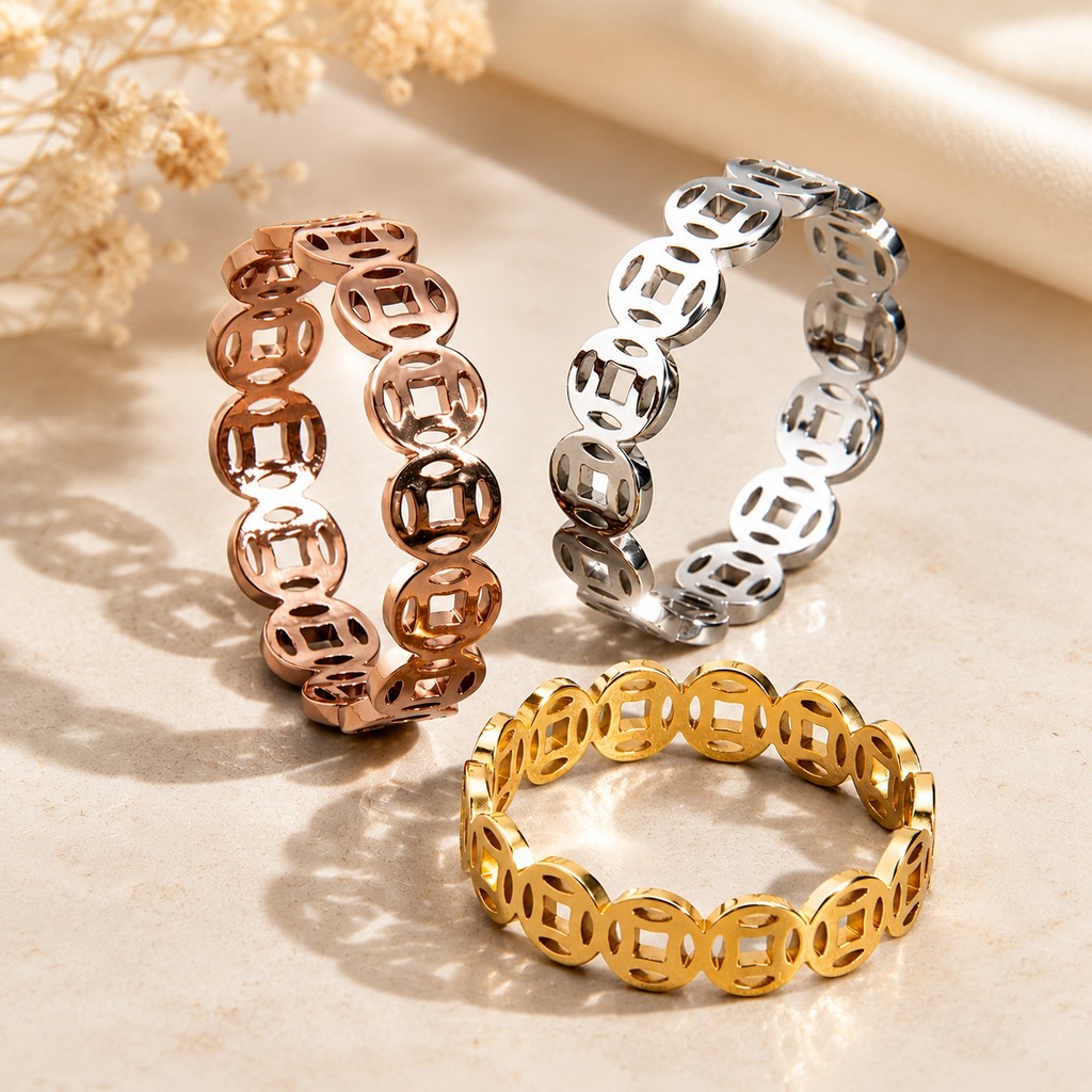 Cincin Baja Titanium Koin Tembaga, Cincin Kerawang Bentuk Uang Logam, Cincin Koin Retro Antik