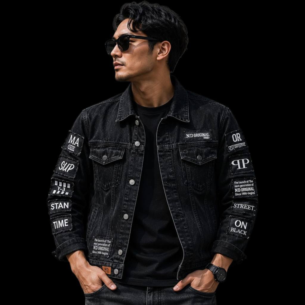 Jaket Jeans Denim Full Bordiran Pria Korea Retro