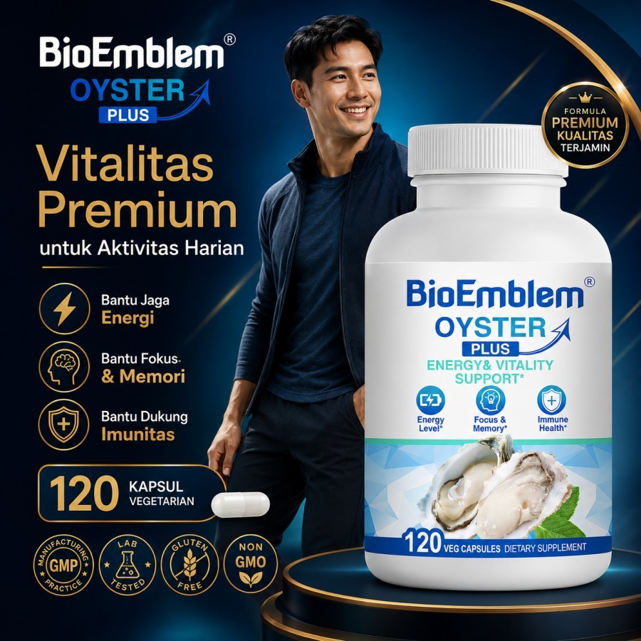 BioEmblem Oyster Plus Energy Vitality, 120 Kapsul Veg, Oyster Extract Maca Taurine, Stamina Menurun,