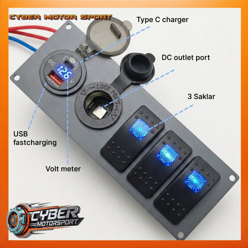Dashboard mobil panel add on. Saklar lampu volt meter USB Type C charger universal . sakelar rocker 