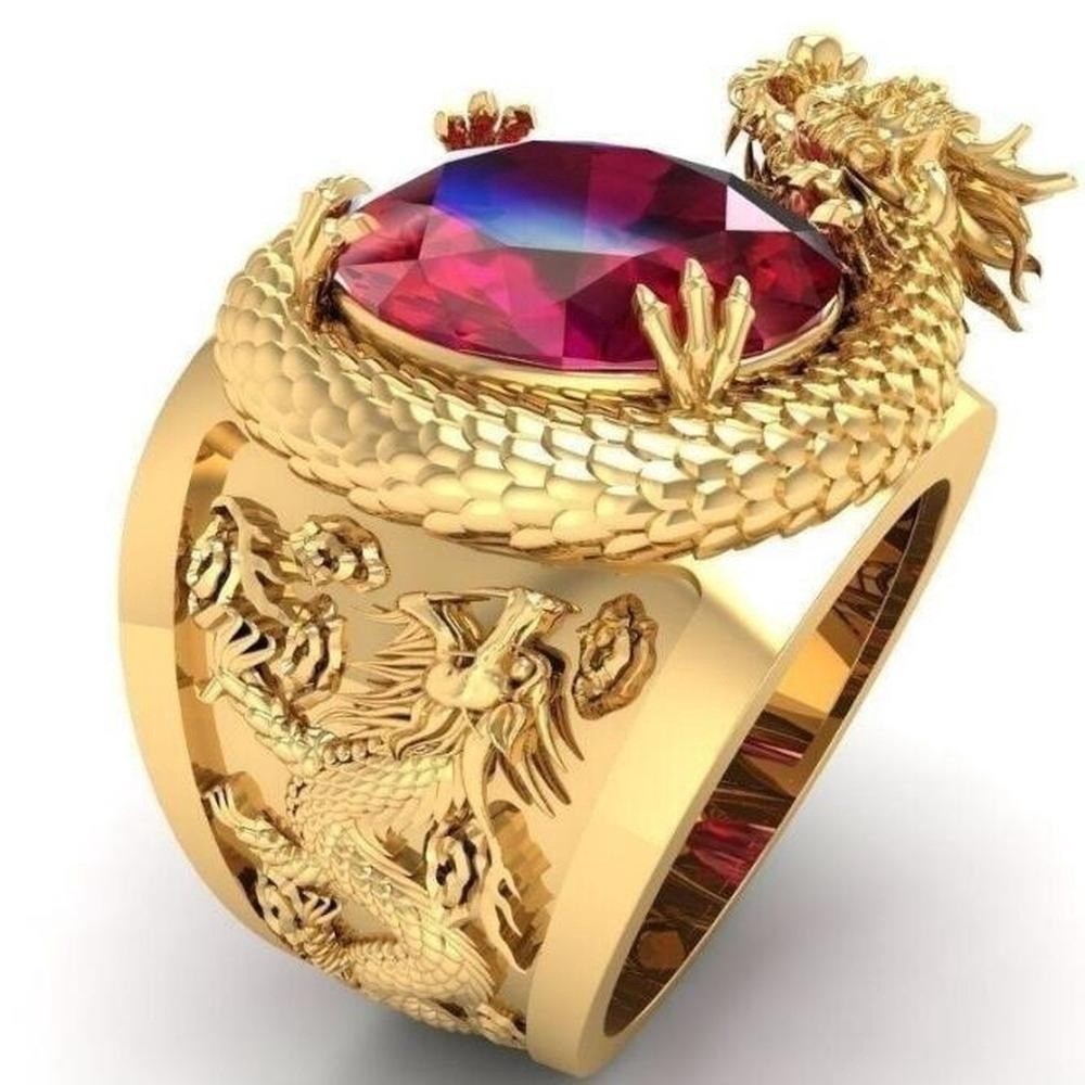 Cincin Pria Motif Naga Batu Permata Merah Berkilau Emas Perak Mewah Elegan Desain Unik Pesta Acara F