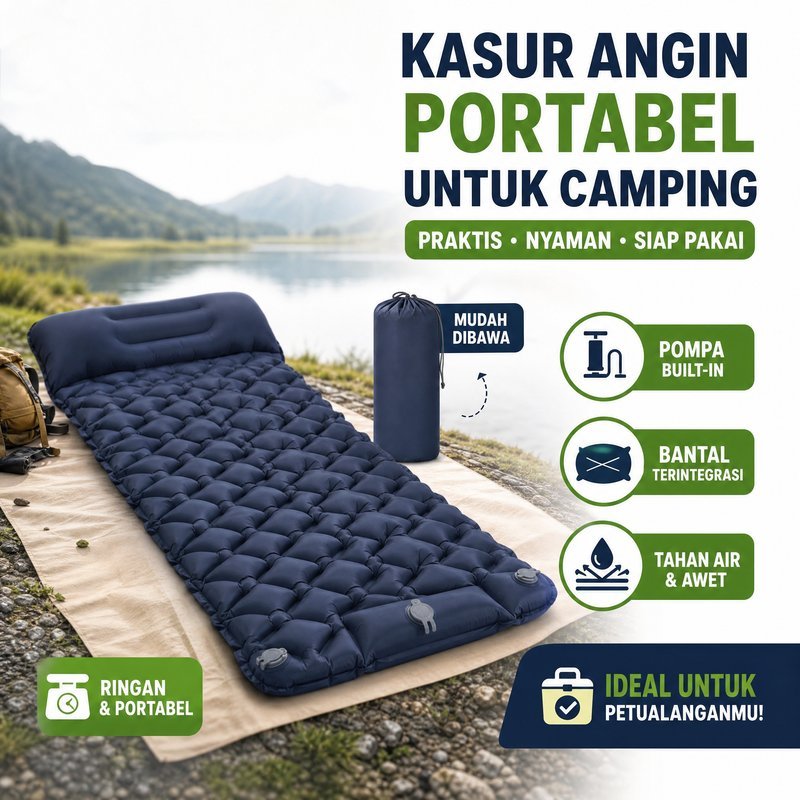 Kasur Angin Matras Camping Portable Pompa Built In Bantal Anti Air Hiking Traveling Lipat