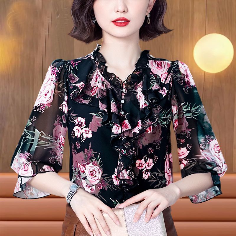 Blus sifon lengan tengah wanita model baru modis, atasan longgar musim panas