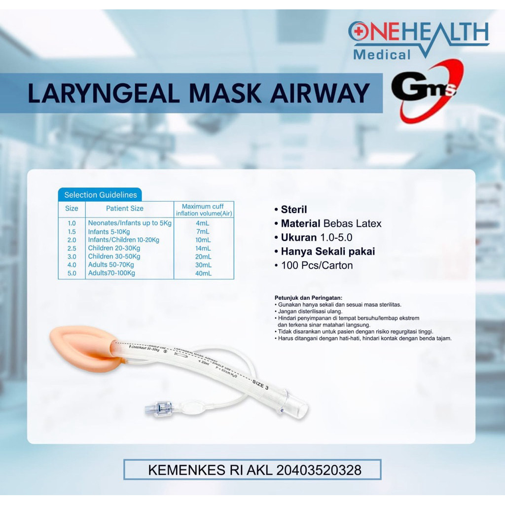 Onehealth Laryngeal Mask Airway Silicone Per Pcs LMA 1.0 sampai 5.0