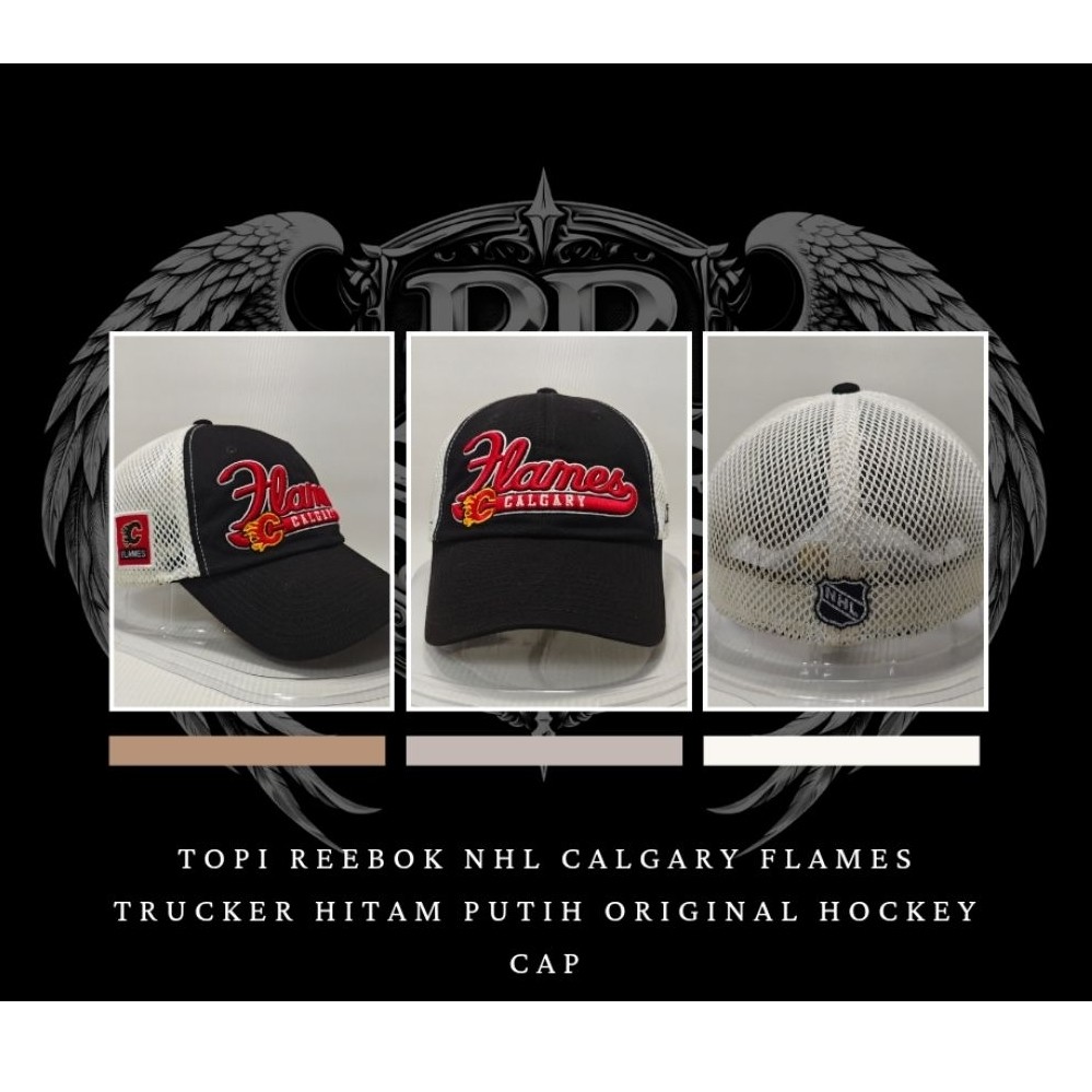 Topi Reebok NHL Calgary Flames Trucker Hitam Putih Original Hockey Cap