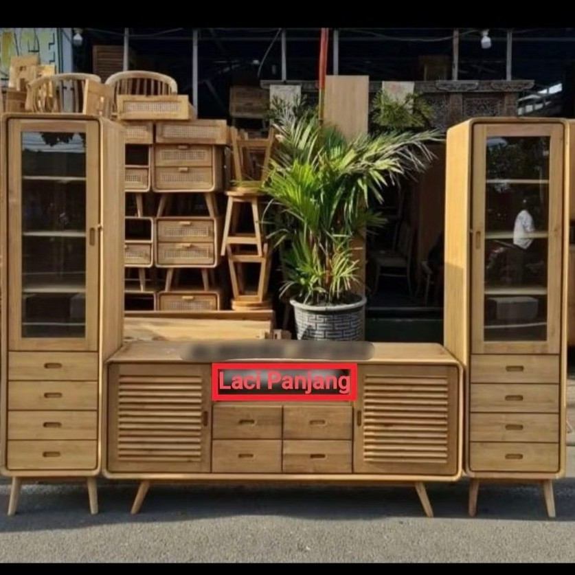 lemari TV minimalis retro kayu jati jepara