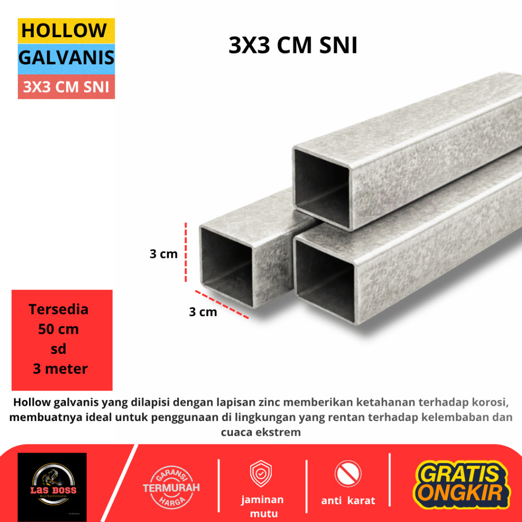Perkakas Besi Hollow Galvanis 3x3cm ukuran asli SNI / Besi Holo Galva