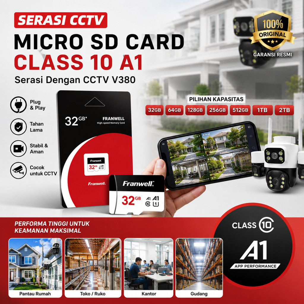 FRANWELL Micro SD Card 32GB 64GB 128GB 256GB 512GB 1TB 2TB Memori Card High Speed Class 10 untuk Kam