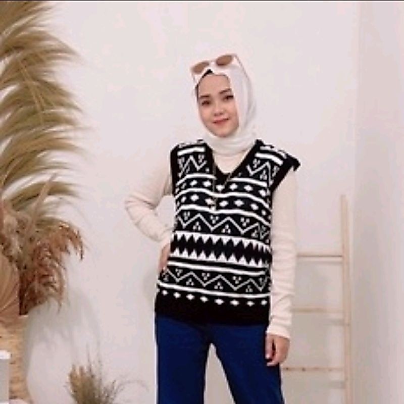 Vest Knit Motif Batik Maroko - Atasan Baju Rompi Rajut Wanita lucu