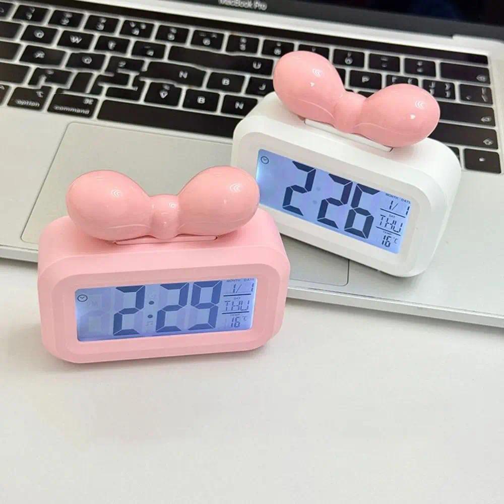 Cute Bowknot LED gital Clock with Night Light Mini Alarm Clock Gift Temperature Detection Desktop Cl